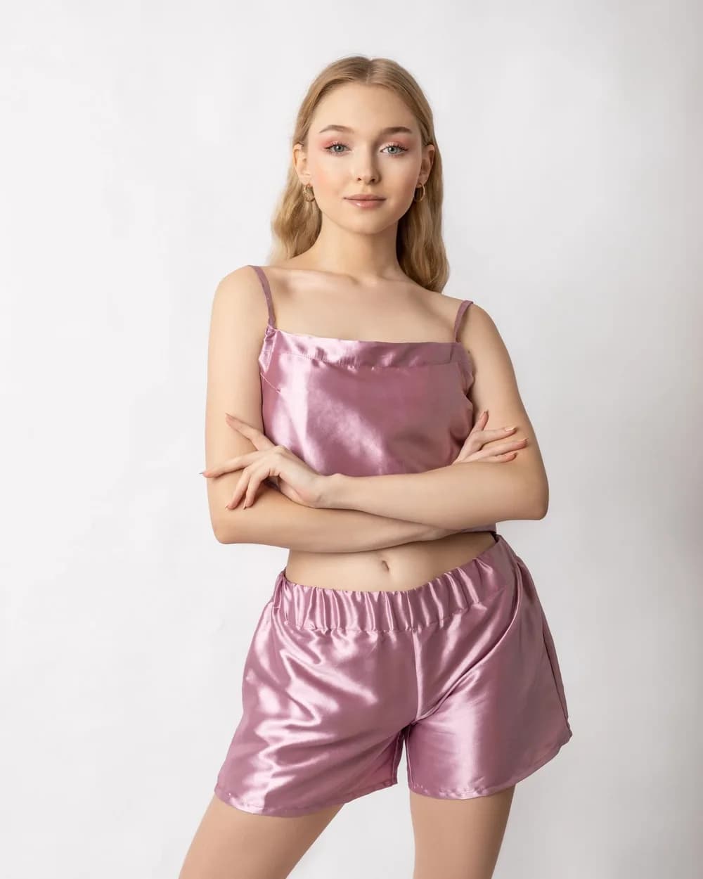 Pijama Corto Satén Rosa, set de 2 piezas
