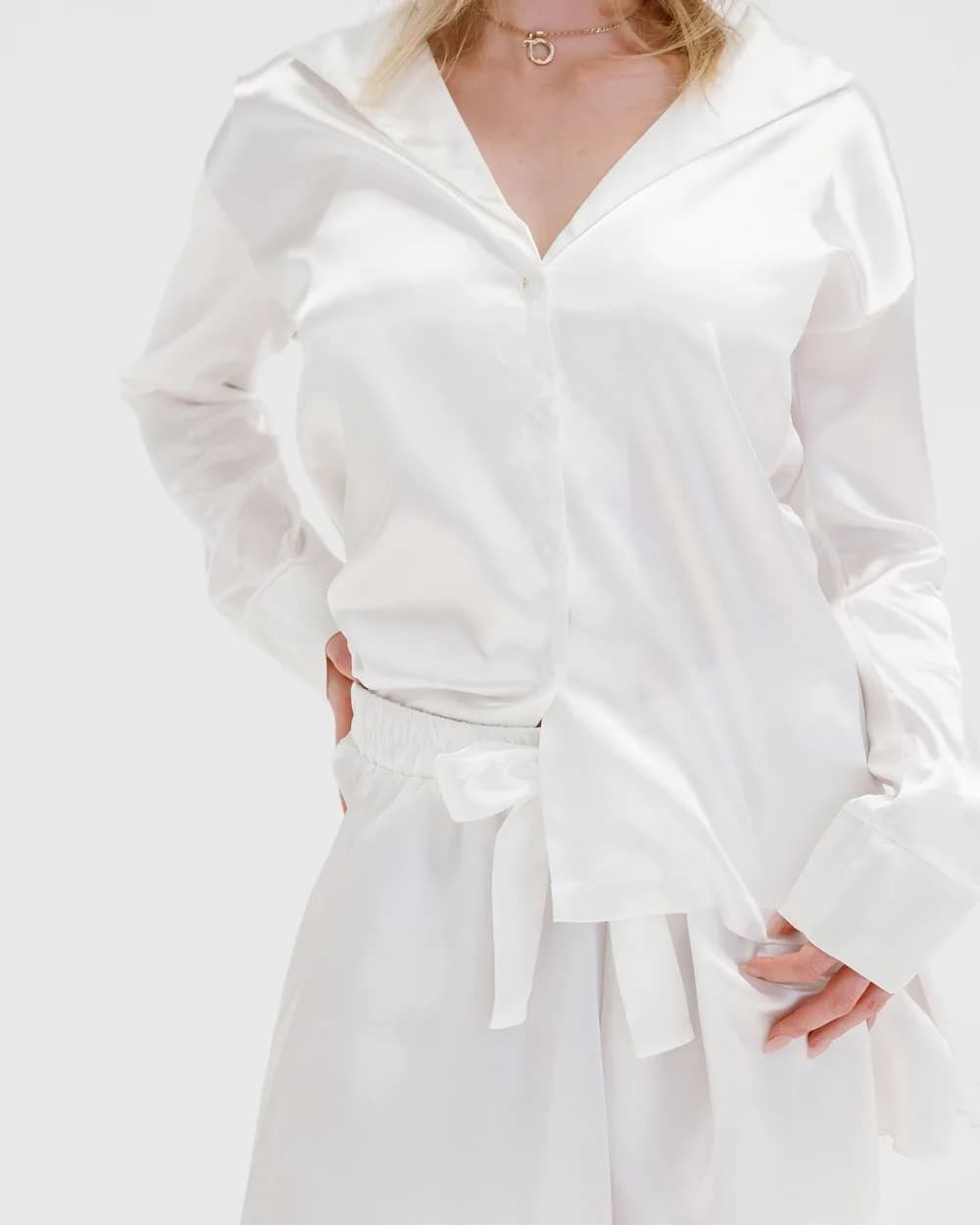 Pijama Satén Blanco, set camisero corto