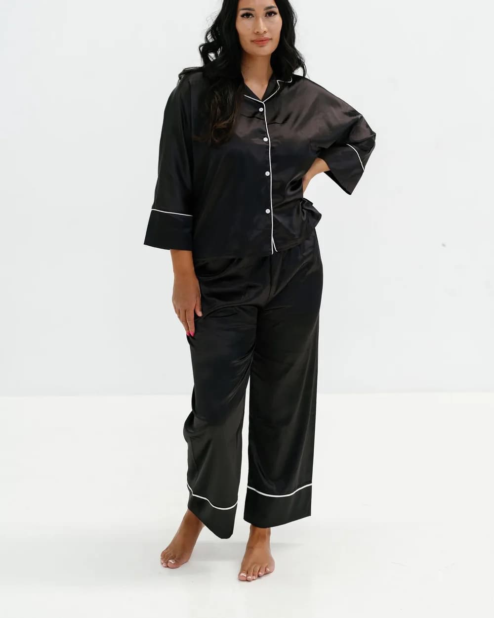 Pijama Satén Negro, set camisero